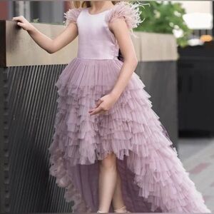 Bow-Knot Multilayer Puffy Tulle Pageant Princess Dusty Rose,Ostrich Feather